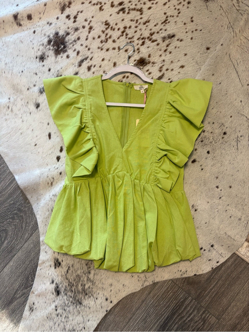 entro Lime Green Ruffle Sleeve V-Neck Peplum Top